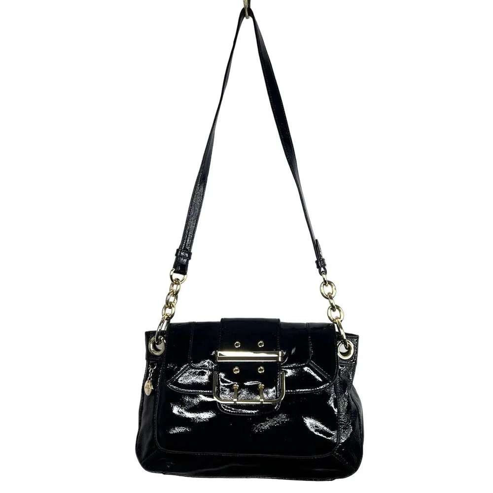 Milly Black Patent Leather Crossbody Purse Shoulder Bag Gold Chain Magnetic - Picture 1 of 8